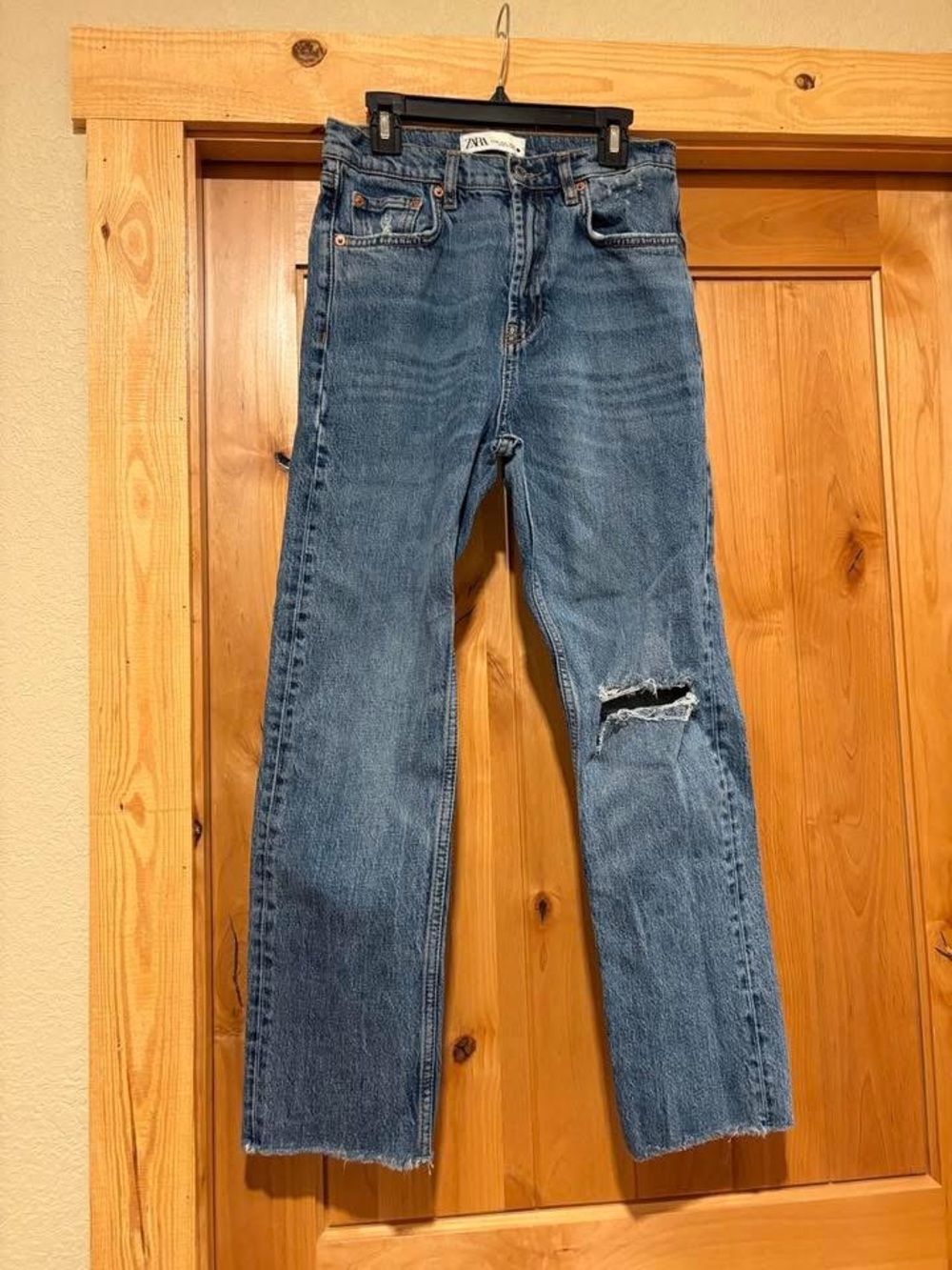 ZARA Light Blue Straight-Leg Ripped Jeans